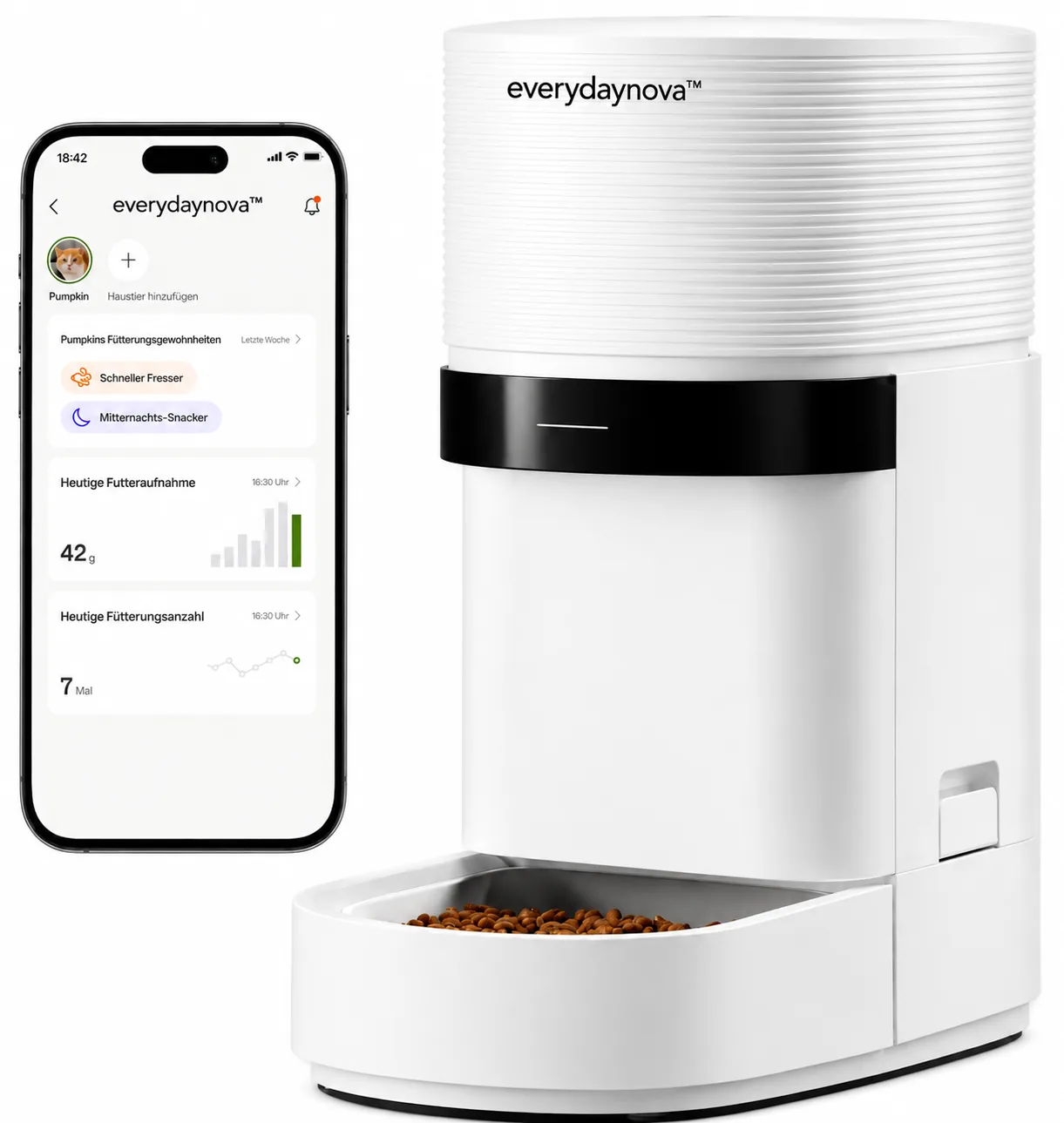 White Everydaynova AutoFeed smart pet feeder beside its mobile scheduling app